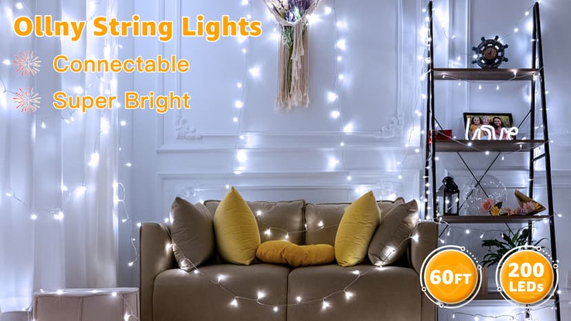 Ollny Outdoor String Lights 200LED 60FT, Cool White Connectable Plug in Fairy Light, 8 Modes Waterproof Timer Christmas Lights for Indoor Outside Bedroom House Party Wedding