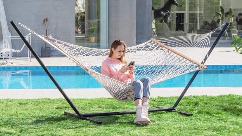 PNAEUT Double Rope Hammock with Stand Included, 12ft Heavy Duty Stand, 2 Person Traditional Cotton Rope Hammocks with Pillow for Outside Porch Patio Backyard Outdoor, Max 475lbs Capacity (Burlywood)