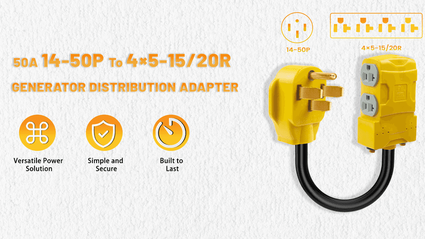 50 Amp to 20 Amp 110V RV Distribution Adapter, NEMA 14-50P to 4 X 5-20R/15R RV Generator Adapter, 4-Prong to Mutiple Household Outlet w/ 20amp Circuit Breaker, 1.5FT
