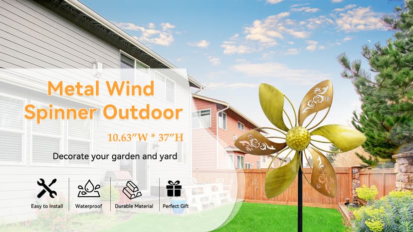 Wind Spinners Outdoor Metal, 10.63" W*37" H Pinwheels for Yard and Garden Decor, Kinetic Wind Sculpture Spinner (Gold Ornate Laser-Cut Floral)