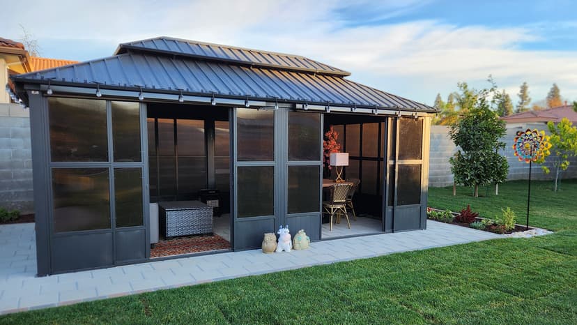 PURPLE LEAF 12' X 20' Sunroom Permanent Hardtop Gazebo Solarium Galvanized Steel Double Roof Aluminum Outdoor Screen House for Patio Deck Backyard Grey
