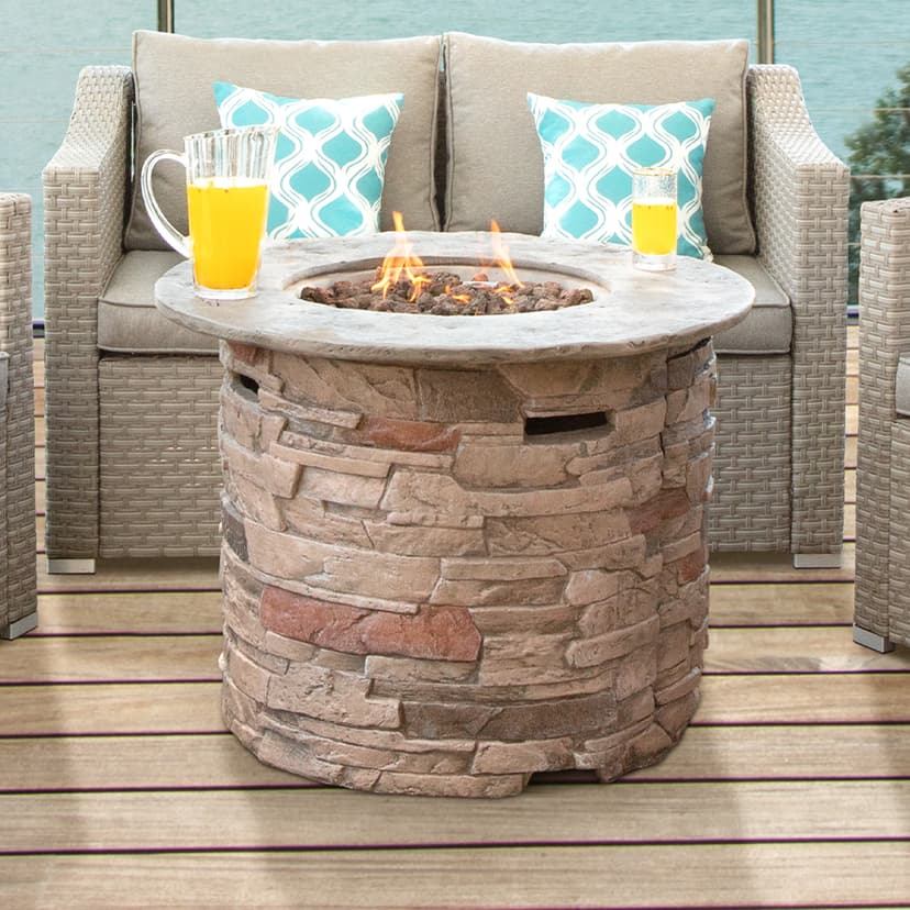 SUNBURY Outdoor Fire Pit Propane Round Fire Pit Table Fire Column, Stonecrest 40,000 BTU Gas Fire Pits for Outside w Lava Rocks, Waterproof Cover, CSA Certified