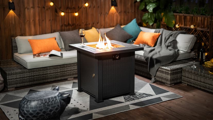 28'' Propane Fire Pit Table, 50,000 BTU Fire Table with Steel Lid, Big Legs, Laval Rocks.