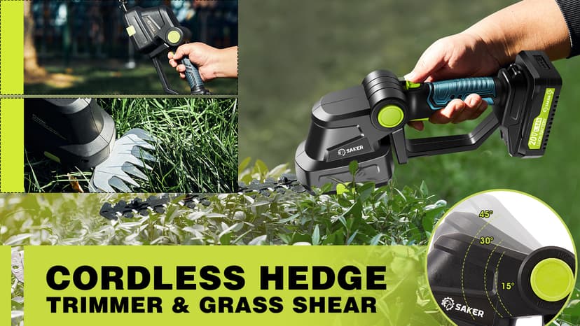 Saker Cordless Hedge Trimmer-20V Electric Shrub Trimmer Grass Shears Handheld Grass Cutter, Hedge Shear with 2 PCS Rechargeable Battery and Charger for Garden, Lawn
