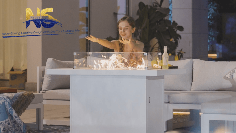 NICESOUL 43'' Outdoor Aluminum Firepit Table, 60,000 BTU Propane/Natural Gas, Rectangle CSA-Certified Fire Pit with Wind Guard & Glass Rocks, Rust-Proof Luxury Fireplace for Patio Poolside Deck, White