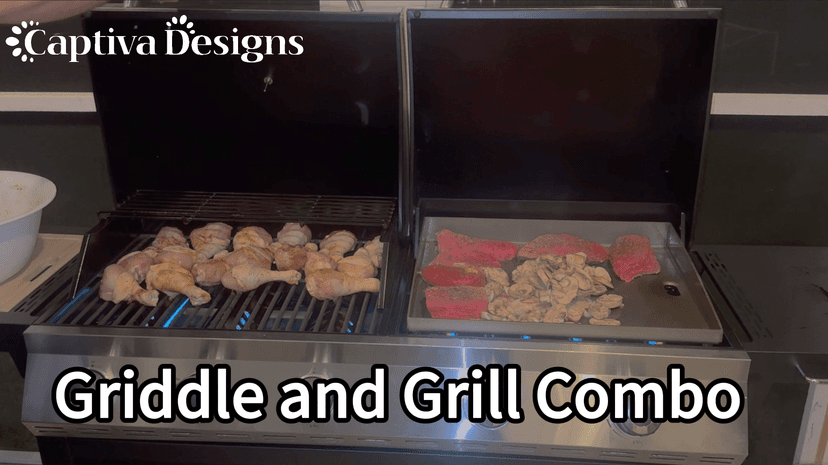 Captiva Designs Propane Gas Griddle Grill Combo with Porcelain-Enameled Cast Iron Grate & Cast Iron Pan, Dual BBQ Grill With Flat Top Griddle for Outdoor Kitchen & Backyard Barbecue,696 SQIN Cook Area