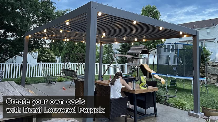Domi Outdoor Living 10’ X 13’ Outdoor Louvered Pergola Aluminum Patio Garden Pergola with Adjustable Roof for Backyard, Garden w/Curtains and Netting (Dark Brown)