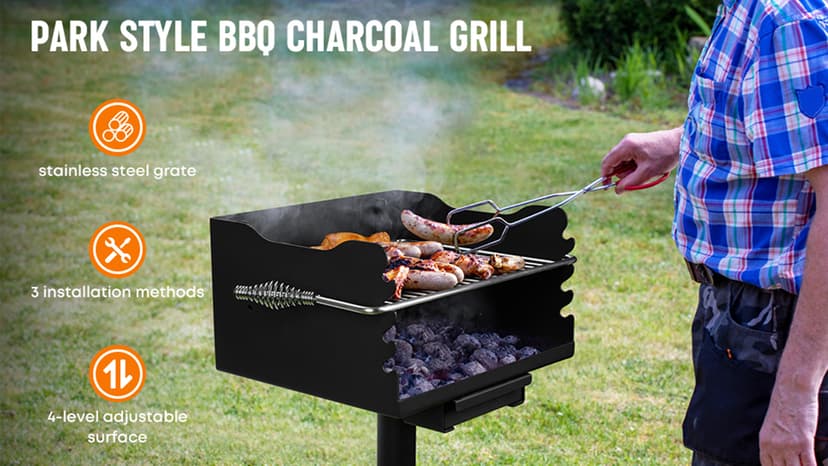 Stanbroil Charcoal Barbecue Grill for Outdoor, Heavy Duty Steel Park BBQ Grill with Stainless Steel Cooking Grate and Above/In Ground Post for Camping and Backyard