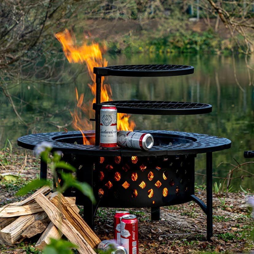 36 Inch Fire Pit with 2 Grills, Wood Burning Fire Pits for Outside with Lid, Poker and Round Waterproof Cover, BBQ& Outdoor Firepit & Round Metal Table 3 in 1 for Patio, Picnic, Party
