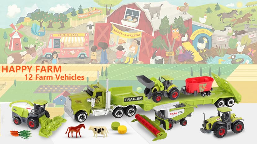 Oriate Kids Farm Toys Realistic Tractor Vehicle Playset, Diecast Car Set Educational Mini Farm Animals with Flatbed Trailer, Birthday Gift for Children 3 Year Old