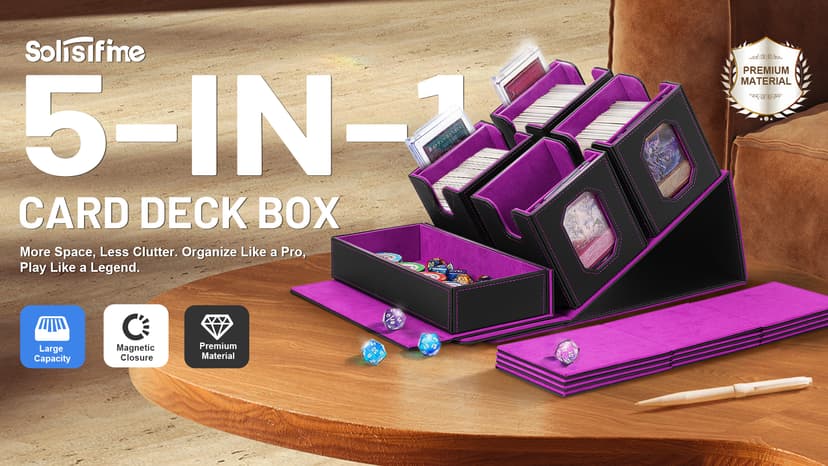 Trading Card Storage Box with Commander Display for MTG, TCG, Sports Cards, 5-in-1 Card Deck Box, Holds 450+ Double-Sleeved Cards, 4 Individual Deck Cases with Covers, Dice Tray & Magnetic Holders