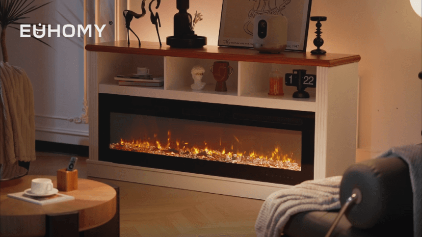 EUHOMY 50 Inch Electric Fireplace Wall Recessed and Wall Mounted with Adjustable Flame Color, Fireplace Heater with Remote Control, Linear Fireplace with Timer, Touch Screen, Log & Crystal, 750/1500W