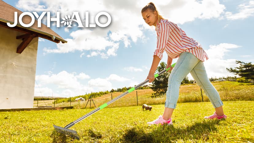 Joyhalo 14-Tine Garden Rake - Adjustable Length 30.5 to 57 Inch, Metal, Levels Soil & Rocks