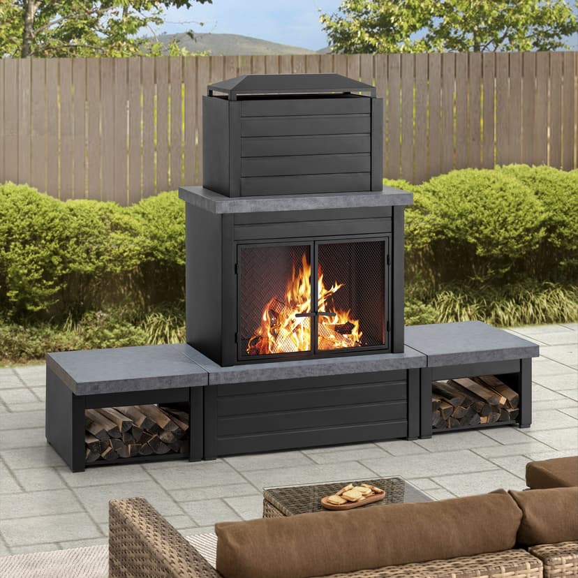 Sunjoy Outdoor Fireplace with Wood Storage and Chimney, Steel Metal Fire Pit with Mesh Spark Screen Door & Fire Poker, Fireplace Tool and PVC Cover, for Patio Garden Deck Backyard, Black
