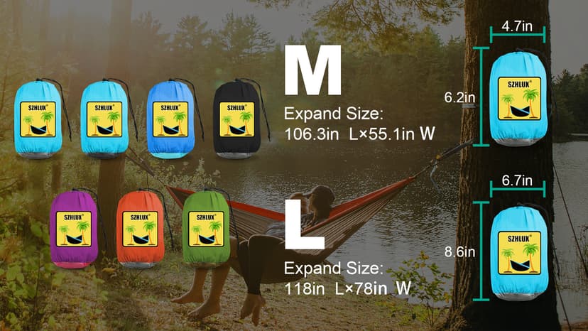 SZHLUX Camping Hammock Double & Single Portable Hammocks with 2 Tree Straps and Attached Carry Bag,Great for Outdoor,Indoor,Beach,Camping,Black & Grey, Large