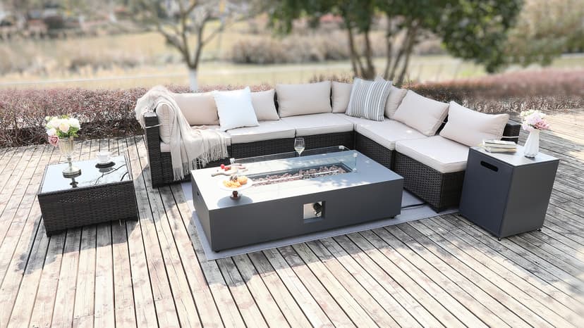 UPHA 42-inch Outdoor Propane Gas Fire Pit Table 50000 BTU Iron Round FirePit for Outside Patio with Tank Hidden Table, Removable Lid, Lava Rocks, Rain Cover, Grey