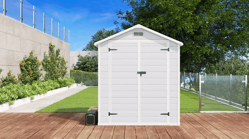 DWVO 6x4 FT Resin Storage Shed with Reinforced Floor, Outdoor Storage Shed with Lockable Door, Window and Vents, Waterproof Plastic Tool Storage for Garden, Backyard, Patio, Lawn(Blue-Gray+Black)