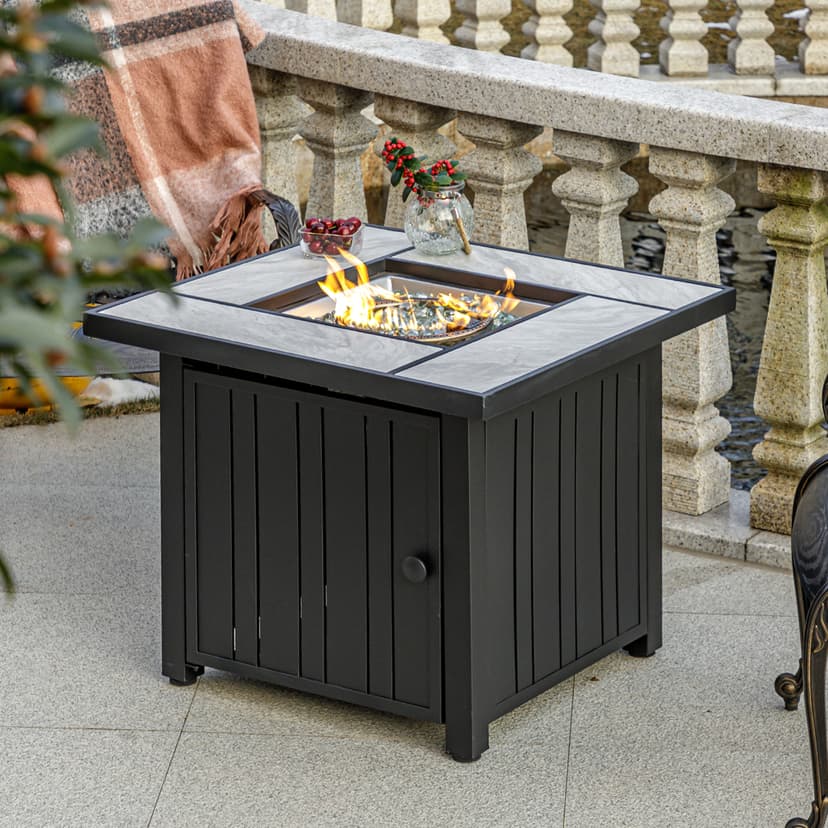30" Propane Fire Pit with Real Ceramic Tabletop, 50000 BTU Gas Firepit Table with Lid & Glass Rock, Outdoor Fire Pit for Dining or Party, Firepit for Outside, Patio, Garden, Yard