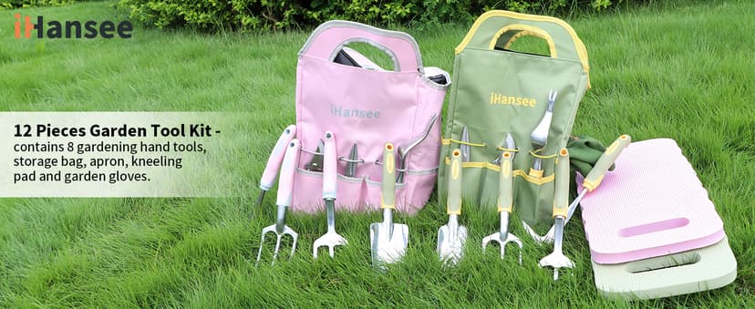 Set of 12 Garden Tool, iHansee Heavy-Duty Aluminum Gardening Hand Tools with Rubber Non-Slip Handle, Garden Apron, Gloves, Kneeling Pad and Storage Bag, Garden Hand Tools Starter Kit Landscaping Tools