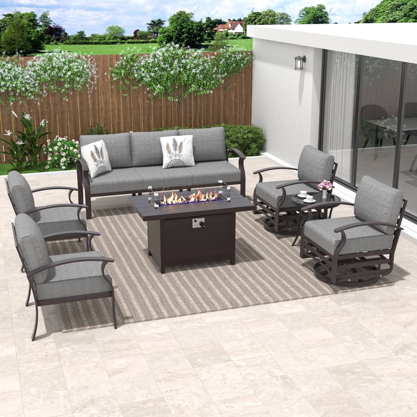 ALAULM Aluminum Patio Furniture Set with Propane Fire Pit Table 5-seat Metal Outdoor Furniture w/Fire Pit Patio Sectional Sofas w/5.2" Cushions for Patio, Backyard, Poolside-Grey