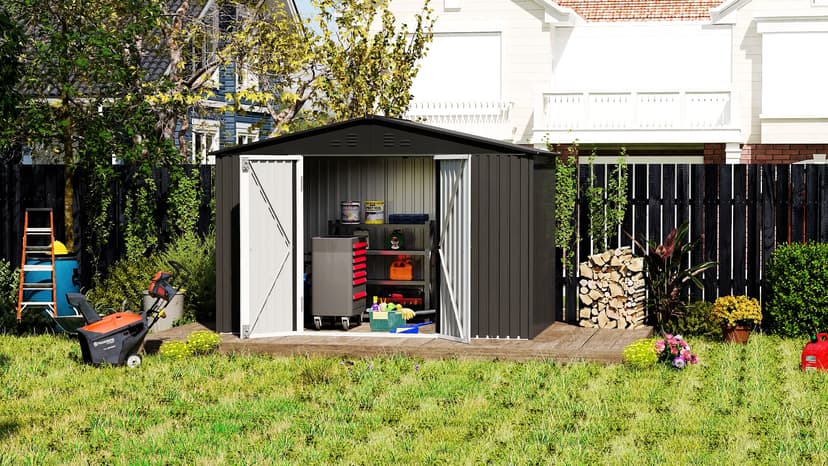 DWVO 9x6 FT Outdoor Storage Shed with Ventilation Windows, Utility Tool Shed Metal Storage Garden Shed with Door & Lock for Bike Storage, Waterproof Trash Shed for Backyard Garden Patio, Dark Dray