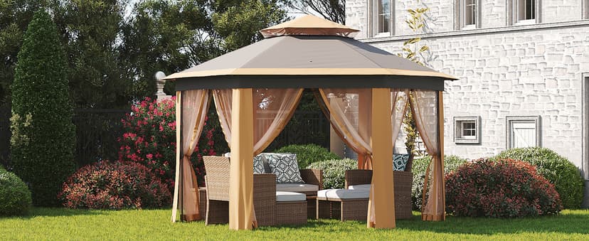 Pop Up Gazebo 13x13Ft, Outside Canopy Tent with 6 Pcs Mosquito Netting, One Push Setup for Backyard Patio Garden Activities - Khaki & Beige