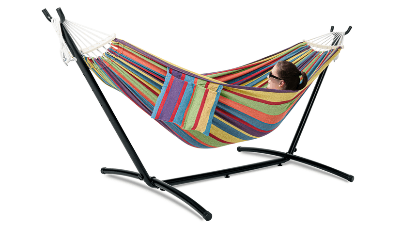 Double Hammock with Stand for Outside, Upgraded Spreader Bar, Heavy Duty Space Saving Steel Stand 2 Person, Side Pockets, Easy Assembly, 600lbs Weight Capacity, Indoor & Outdoor (Classic Red)