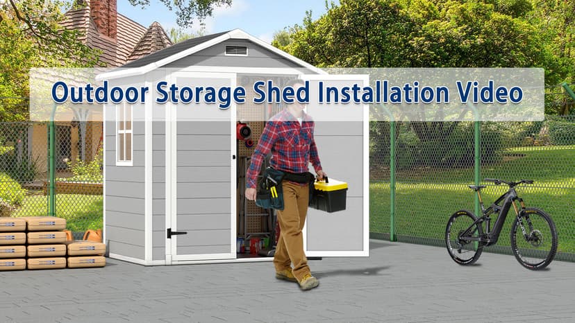 8.7x5.5 FT Outdoor Storage Shed with Floor, Weather-Resistant Resin Shed with Window, Lockable Door and Vents, Plastic Outside Tool Storage Sheds for Garden, Backyard, Lawn