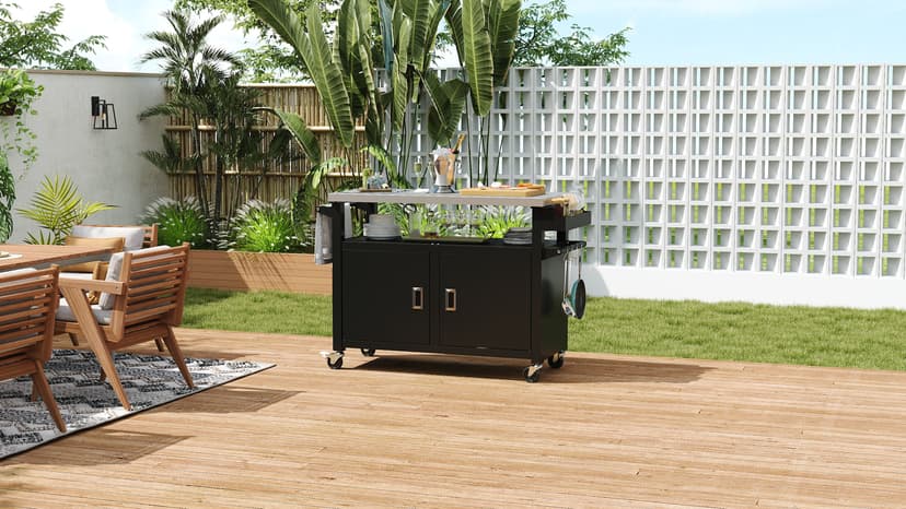 YITAHOME XL Outdoor Grill Cart with Stainless Steel Top, Outdoor Grill Table with Storage Cabinet for Patio, Kitchen Prep, Grilling Accessories, Black