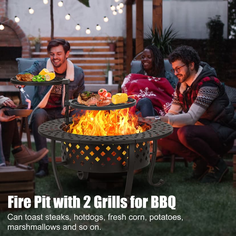 36 Inch Fire Pit with 2 BBQ Grills, Wood Burning Fire Pits for Outside with Lid & Fire Poker, BBQ& Outdoor Firepit & Round Metal Table 3 in 1 for Patio, Picnic, Party