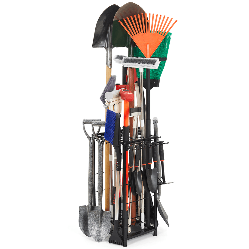 Garden Tool Organizer Holds 50 Long-Handled Tools/Rakes/Brooms/Shovles for Garage Organization and Storage, Shed, Outdoor, Lawn, Heavy-Duty Steel, Black, Easy Assembly (Corner Tool Organizer)