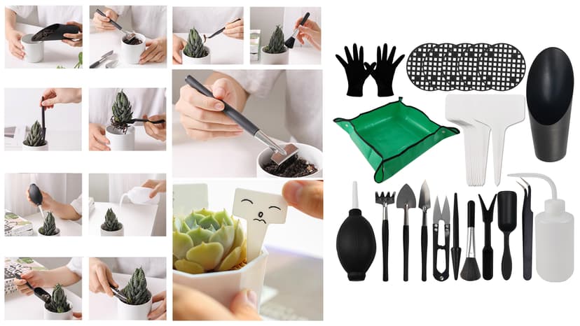 TIHOOD 30PCS/Set Mini Garden Hand Transplanting Succulent Tools Set, 19.7" Thickened Repotting Mat & Plant Tag, Miniature Planting Indoor Fairy Care, Potting, Cactus, Houseplant Bonsai Tool Kit