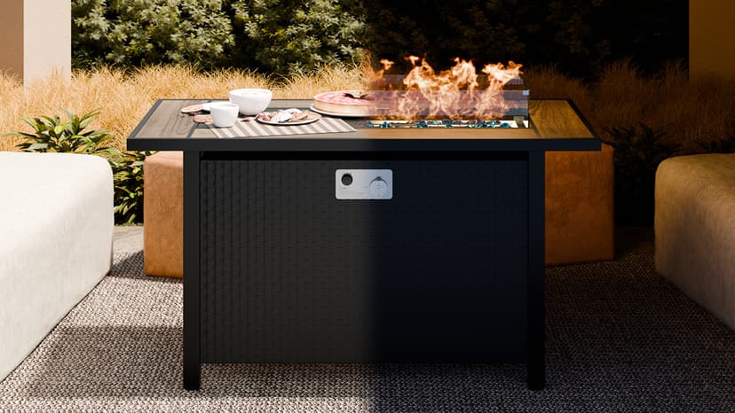 JAMFLY Propane Fire Pit Table 45 Inch, 50,000 BTU Outdoor Gas Firepit Table for Outside Patio with Glass Wind Guard, Blue Glass Rocks,Waterproof Cover, Gray