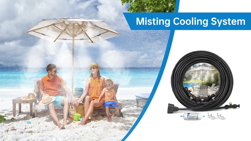 Misting Cooling System for Outdoor Patio & Garden - Brass Nozzles, UV-Resistant Tubing, DIY Installation - Water-Saving Backyard Mister for Greenhouse, Trampoline, Pool, BBQ Parties (50FT / 15M)