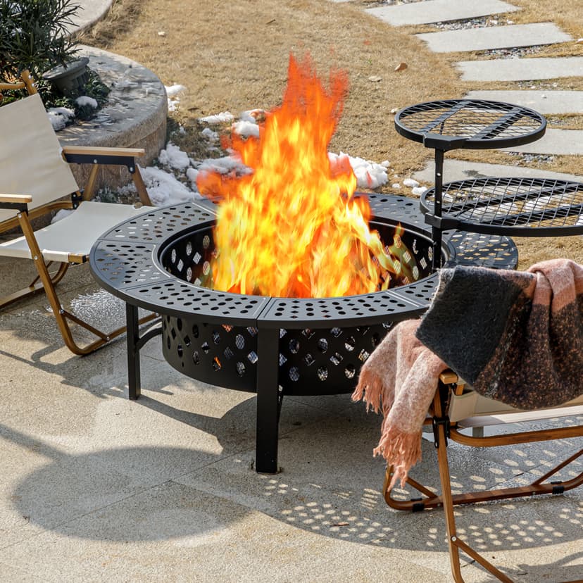 42 Inch Fire Pit with 2 Grills, Extra Large Wood Burning Fire Pits for Outside with Lid & Poker, Heavy Duty Firepit,BBQ& Outdoor Fire Pit & Round Metal Table 3 in 1 for Patio, Picnic, Party