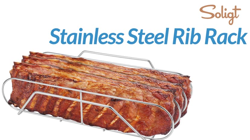 Extra Long Stainless Steel Rib Rack for Smoking and Grilling, Holds up to 3 Full Racks of Ribs, Fits 18” or Larger Gas Smoker or Charcoal Grill, Perfect Smoker Accessories Gifts for Men
