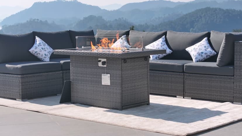 NICESOUL Wicker Propane Fire Pit Table, 60000 BTU Large Natural Gas Firepit Tables, 43'' Rectangle CSA Fireplaces for Deck Backyard, Fire Table with Windguard&Glass Rocks&Cover, Gray