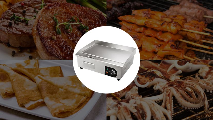 VEVOR Commercial Electric Griddle, 22", 1600W Countertop Flat Top Griddle, Stainless Steel Teppanyaki Grill w/Iron Cooking Plate, 122-572℉ Adjustable Temp Control 2 Shovels & Brushes, 110V