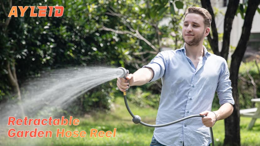 Ayleid Retractable Garden Hose Reel,1/2 in x 100 ft Wall Mounted Hose Reel, with 9- Function Sprayer Nozzle, Any Length Lock/Slow Return System/Wall Mounted/180°Swivel Bracket (Grey)