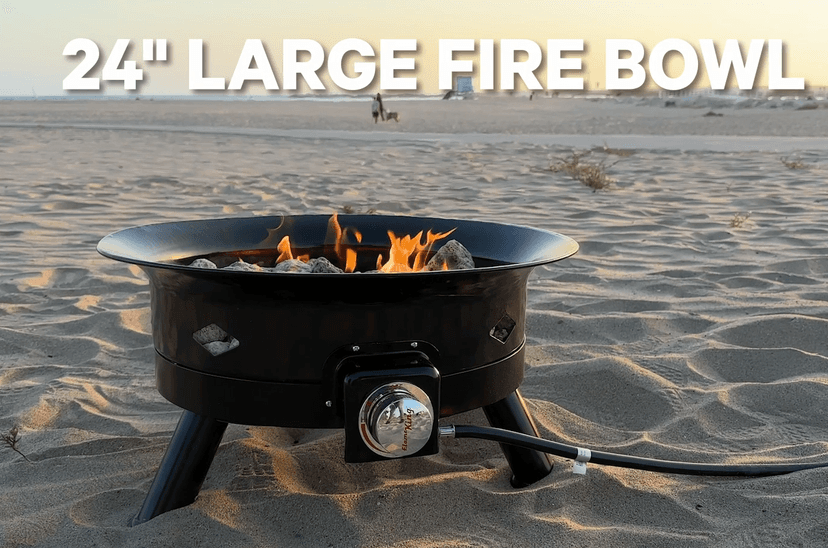 Flame King Smokeless Propane Fire Pit, 24-inch Portable Firebowl, 58K BTU with Self Igniter, Cover, & Carry Straps for RV, Camping, & Outdoor Living