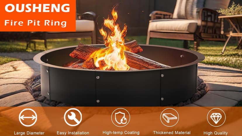 OUSHENG 36 Inch Round Fire Pit Ring Insert for Outside Wood Burning, 39 Inch Outer Large Solid Steel Firepit Liner for Above or In-Ground Outdoor DIY Camping Garden Patio Backyard