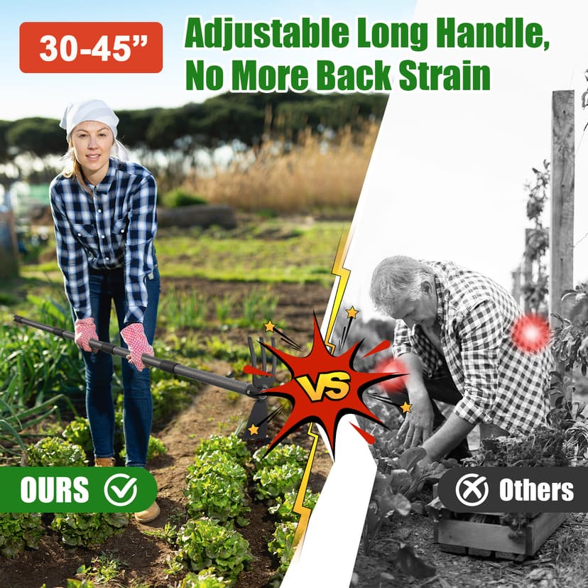 Garden Hoe Tool - Heavy Duty 2 in 1 Hula Scuffle Hoes with Cultivator Tiller for Weeding Grass,Loosening Soil,Sharp Blade,36-60” Long Handle,Push Pull Action Hoe with Scraper Rake for Gardening
