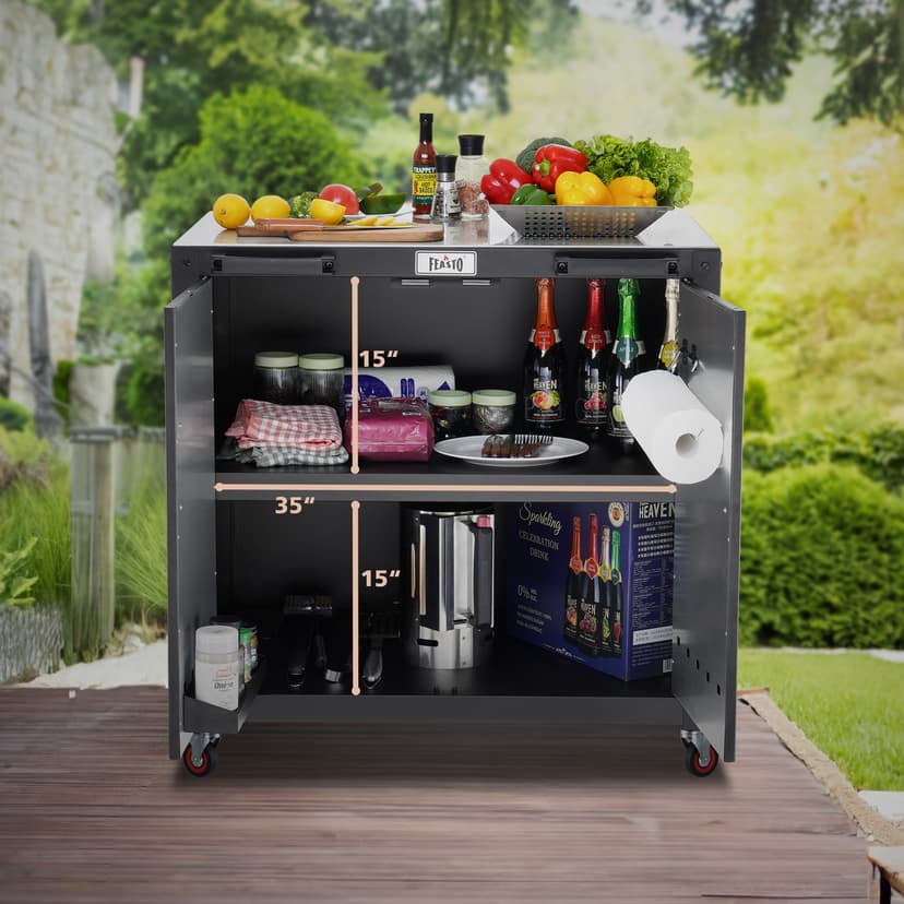 Grill Table, Outdoor Bar Cart Grill Cart with Storage Cabinet,Modular Outdoor Kitchen Island, Outdoor Grill Station with 304 Stainless Steel Top,Pizza Oven Table for Lawn & Garden,L35.4” x W24”