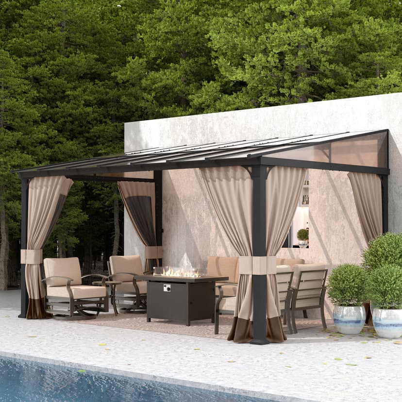 Gotland 10FTx12FT Outdoor Wall-Mounted Hardtop Pergola, Metal Frame Gazebo with Sloping Sun Panel Roof and Double Curtains for Patio, Garden, Lawn, Grey