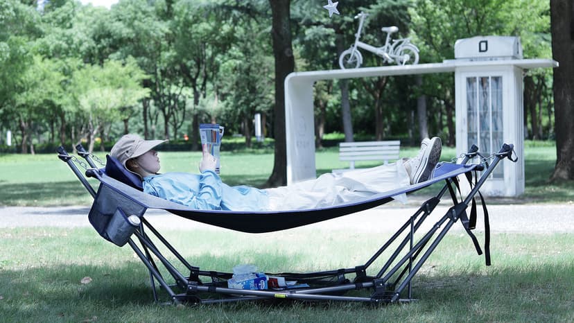 RedSwing Portable Folding Hammock with Stand,Foldable Camping Hammock with Removable Pillow,Storage Net,Foldable Lounge Camping Bed for Adults for Outdoor,Backyard,Beach,Garden,Lawn