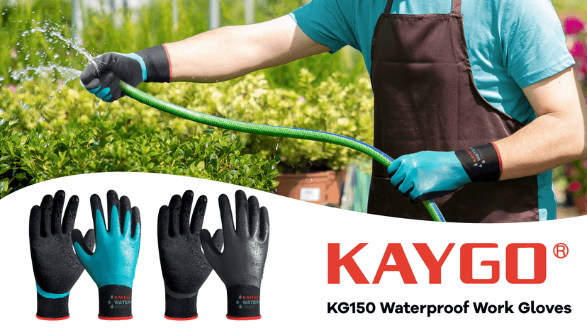 KAYGO Waterproof Work Gloves for Men and Women, Rubber Coated Non-slip Working Gloves for Garden, Outdoor Construction,KG150,Black,L