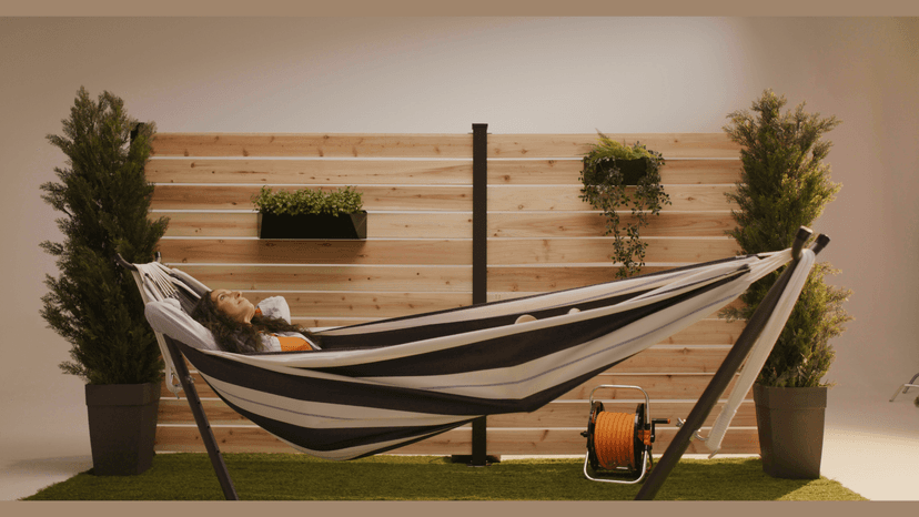 Vivere Double Cotton Hammock with Space Saving Steel Stand, Upgraded Polyester End Strings 450 lb Capacity - Premium Carry Bag Included - USA Grown Cotton (Tropical)
