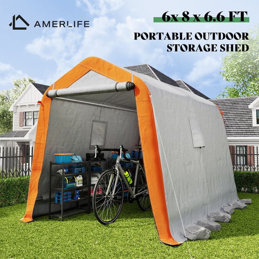 AMERLIFE 6x8x6.6 FT Heavy Duty Portable Shed Storage Shelter, Outdoor Storage Shed with 2 Waterproof Windows & Roll-up Zipper Door, Carport for Motorcycle, Bike, Grey