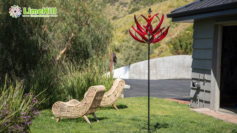 LimeHill Wind Spinner for Garden and Yard - Large Metal Kinetic Wind Sculptures for Outdoor Decor (91 Inches, Burgundy Lotus)
