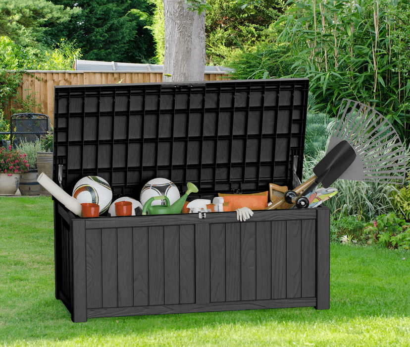 100 Gallon Lockable Resin Deck Box, Waterproof & UV-Resistant Outdoor Storage Box for Cushion Storage and Outdoor Delivery Storage,Coffee